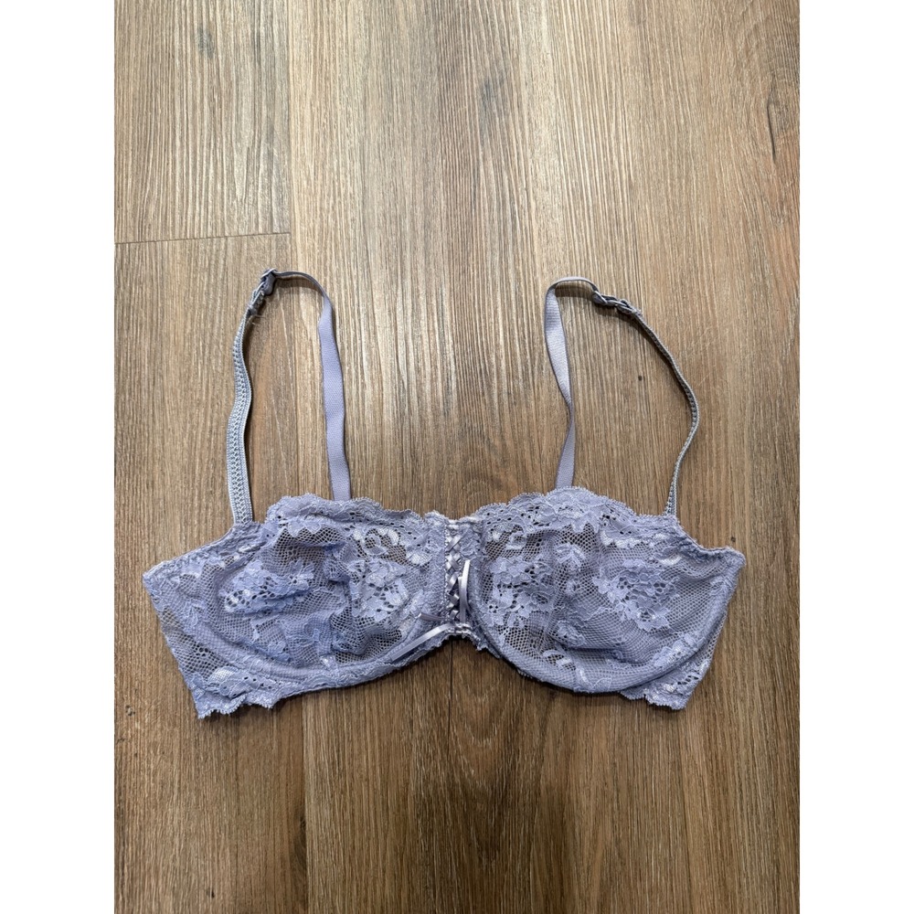 Victorias Secret‎ Lavender Floral Lace Balconette Bra Sheer Unlined 36D Lace Up